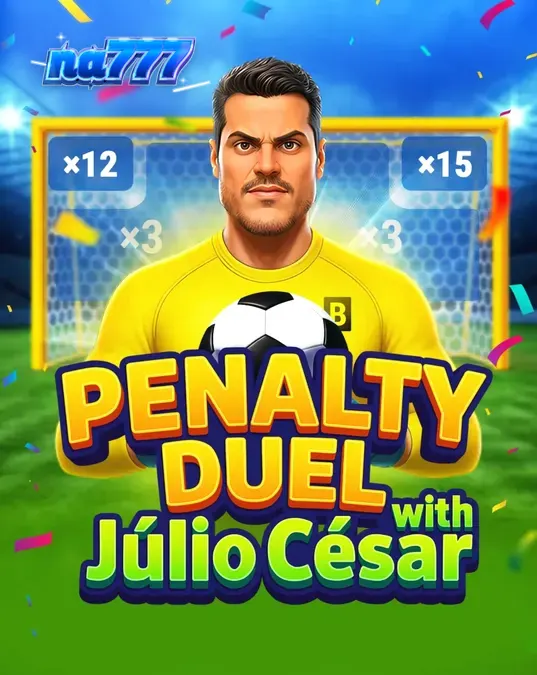 Tampilan antarmuka permainan Penalty Duel with Júlio César dengan latar belakang stadion sepak bola.